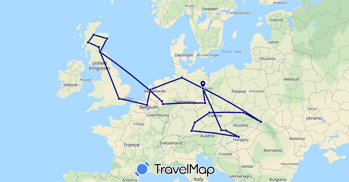 TravelMap itinerary: driving in Austria, Belgium, Czech Republic, Germany, United Kingdom, Hungary, Netherlands, Poland, Slovakia (Europe)
